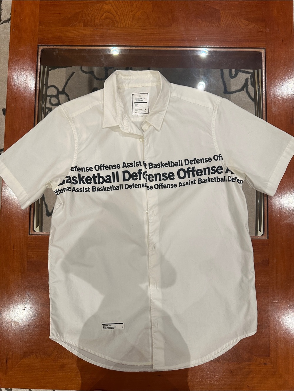 Chocolate White Short-Sleeve Button-Down Basketball Graphic Shirt